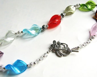 Collier perles verre, perles sur feuilles d'argent, travail artisanal, cadeau original femme, collier multicolore chic, bijou déclaration