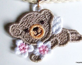 Children necklace, handmade necklace, brown bear, flowers, embroidered, beige braided cord, handmade, solidarity purchase, humanitarian aid