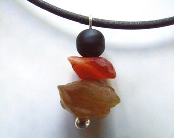 Father's Day, natural gemstone necklace, Carnelian, matte black onyx, calcite, mixed jewelry, black leather cord, nature jewelry, Boho chic