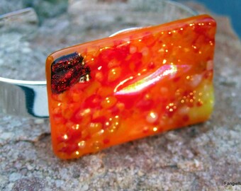 Designer bracelet, red orange, handmade glass, fusing glass, silver plated, unique original jewel, woman gift, french craft industry