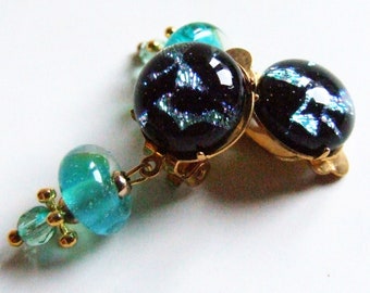 Clip earrings, dichroic handmade glass, black glitter, turquoise, gold, spun glass, handmade jewellery, original gift for women