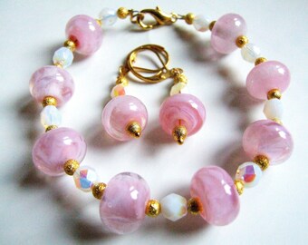 Bracelet and earrings set, Valentine's Day gift, pink white gold, hand-spun glass, women's jewelry, unique pieces