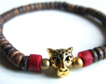 Cheetah handmade bracelet, nature jewel, coconut wood beads, cheetah in solid brass, old gold, designer jewelry, feline woman gift