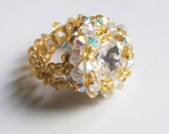 Handmade crystal ring, cabochon and Swarovski beads, AB2X crystal, golden Czech glass beads, wedding ring, statement jewelry