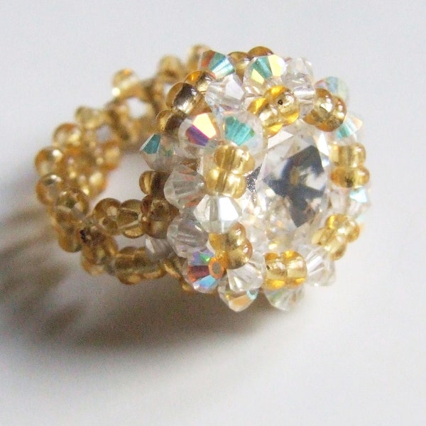 Handmade crystal ring, cabochon and Swarovski beads, AB2X crystal, golden Czech glass beads, wedding ring, statement jewelry