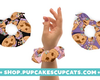Cat-o-lantern Scrunchie with Removable Bow || Scrunchie Hair Tie, Patterned Scrunchie, Kawaii Scrunchie, Soft Scruchie, Cute Scrunchie