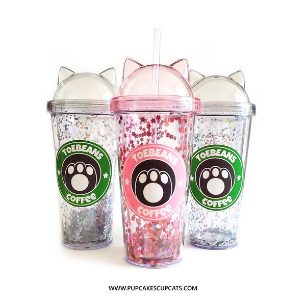 PREORDER: Pink and Grey Cat Ear 12oz Acrylic Tumbler Dome Top & Glitter | Cat Cup, Cute Cat Cup, Cat Lover Gift, Kawaii Cat Cup, Toebeans
