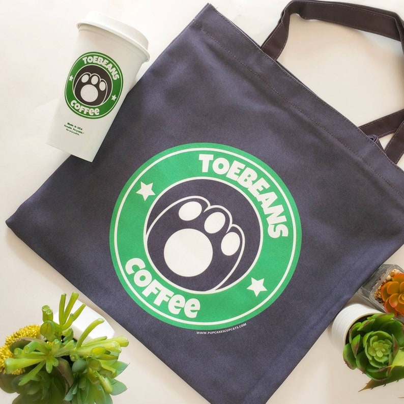Coffee Lover Eco Cat Cat Lover Gift Starbucks Parody Cute Printed Toebeans Coffee Canvas Zipper Tote || Kawaii Tote Environmental