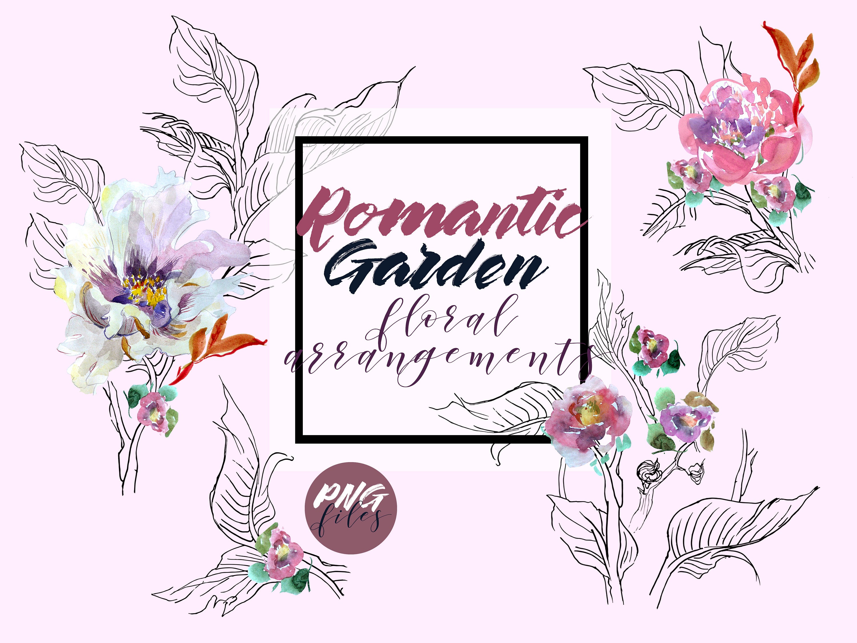 Floral Arrangements Digital Illustration Watercolor Flowers Peonies Doodle Drawing Scrapbooking Instant Download