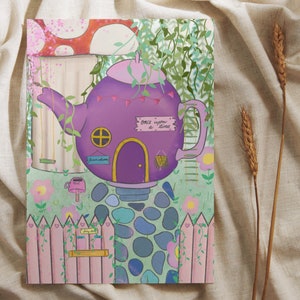 Purple teapot fairy house gift card for her, for him, recycled birthday gift card for kids, hand drawn greeting card,