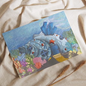 Tarjeta de regalo de la casa Shell, casa de hadas, tarjeta de felicitación reciclada, tarjeta de regalo de cumpleaños para niños, tarjeta dibujada a mano, tarjeta de arte en blanco, arte del océano