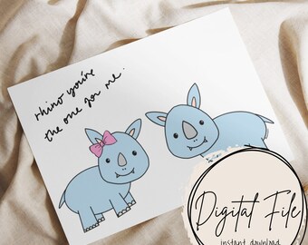 PRINTABLE Rhino anniversary card gift card for her, for him, funny cute anniversary gift card, pun greeting card, kawaii rhino drawing