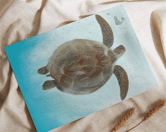 Loggerhead turtle gift card for her, for him, recycled birthday gift card for kids, hand drawn greeting card,