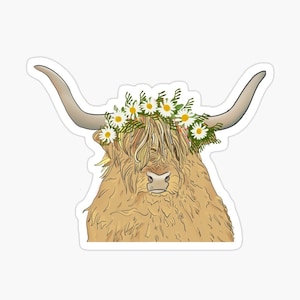 Highland cow daisy crown sticker, floral vinyl, water bottle decor, laptop decal, car sticker, gifts for animal lovers, quirky gifts