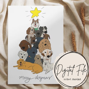 PRINTABLE dog christmas card gift card for her, for him, for kids, funny cute gift card, pun greeting card, kawaii dog drawing