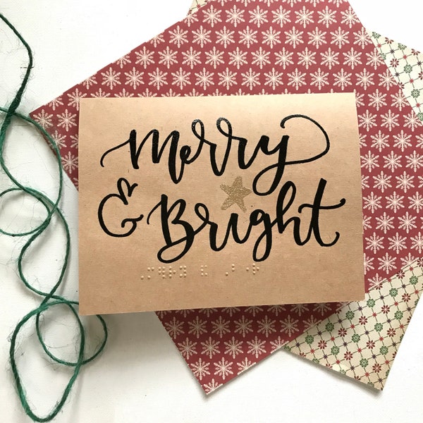 Braille Christmas Card Merry and Bright Hand embossed tactile