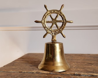 Miniature Brass Nautical Themed Bell Decor- Ship steering wheel- Decor- Cabin- Cottage Decor- One of a Kind- Collectable