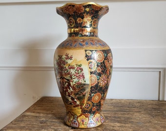 Vintage Unique Large Chinese 11" Satsuma Cloisonne Ceramic Vase~Gold Leaf in excellent condition- One of a kind- Eclectic- Cottagecore