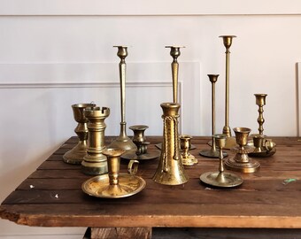 Vintage SET of 13 Solid Brass Candle Holders- Taper Candle Holder- wedding Decor,  Bathroom Decor,  Powderoom Decor- Christmas Gift Ideas