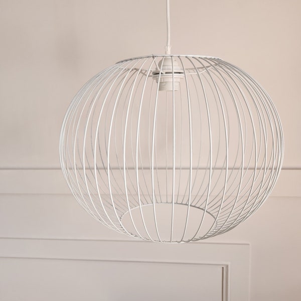 Vintage Metal white ball Shaped caged pendant light- pendant, plug in or hard wire- Bohemian Wall Deco