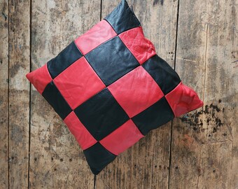 Vintage 1980's Red and Black Leather 18x18 Checkerboard Checkered Tiled Cushion Pillow Cover with zipper opening- Bohemian- Boho-MCM