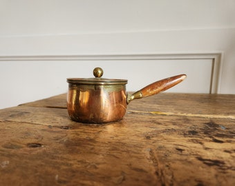 Vintage Copper and Brass 2 inch Sauce Pan or Gravy Pan with Lid  - Vintage Brass Saute Pan - Made in Portugal Sauce Pan- French Antiques-