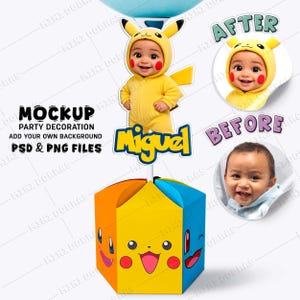 Szablon pudełka na upominki na przyjęcie urodzinowe, edytowalny plik PSD w programie Photoshop, spersonalizowane pudełko w kształcie sześciokąta, styl maskotki 3D, natychmiastowe pobranie