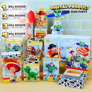 Könnte beinhalten: Ein digitales Party-Set mit Toy Story-Figuren wie Woody, Buzz Lightyear, Jessie, Rex und Mr. Potato Head. Das Set enthält verschiedene Schachteln, Geschenktüten und Etiketten mit dem Text Theo 3 Anos und Pizza Planet.