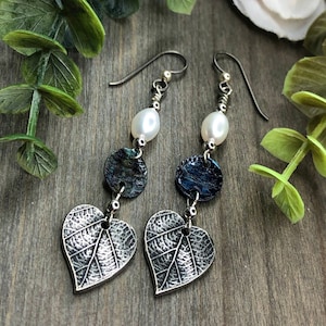 Antiqued Heart Earrings, Real Leaf Impression Charms, Freshwater Pearl Beads, Dyed Mother of Pearl Link, Silver Plated Beads, Fall Earrings