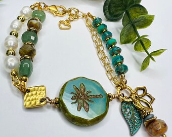 Dragonfly & Lotus Bracelet, Pearls, Czech Glass Beads, Beautiful Multistrand Bracelet, Gold Filled Chain, Nature Inspired, The Perfect Gift