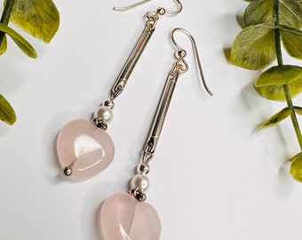 Rose Quartz Heart Drop Earrings, Thin Round Bar, Minimalist Drop Earrings, Valentines Gift, Pearl Drop Earrings, Unique Design,