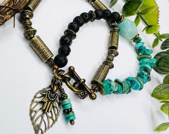 Turquoise & Hamsa Bracelet, Diffuser Bracelet, Beautiful Amazonite Focal Bead, Black Lava Beads, Healing Jewelry, Aromatherapy, Gift