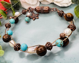 Turquoise & Copper Bracelet, Magnetic Clasp, AAA Pearls, Natural Turquoise, Dark Rich Wood Beads, Healing Bracelet, 7th Anniversary Gift