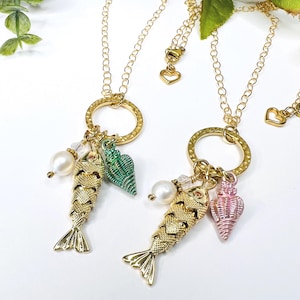 Nautical Charm Necklace • 14k Gold Filled Chain • Gold Circle Link Necklace • Mermaid Fish Pendant • Shell & Pearl Charms • Coastal Jewelry
