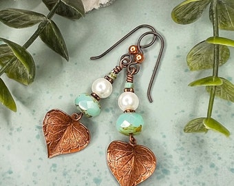 Copper Leaf Earrings, Heart Shaped Leaf Charms, Faceted Aqua Blue Czech Beads, Beautiful White Pearls, Handmade Nature Inspired Earrings,