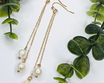 Pearl Chain Earrings, 14k Gold Filled Earrings, Long Dangle Earrings, Bridal Earrings, Feminine Pearl Drop Earrings, Gift For Her