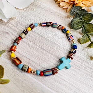 Turquoise Cross Bracelet, Java Glass Bead Bracelet, Colorful Beaded Bracelet, Boho Stretch Bracelet, Stacking Bracelet, Artisan Jewelry,