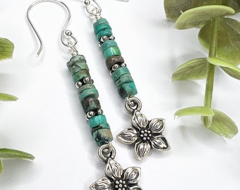 Jasmine Star Charm Earrings, Natural Turquoise Beads, Silver Detailed Spacer Beads, Beautiful Every Day Earrings, Your New Favorites