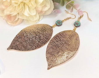 Gold Leaf Filigree Earrings, Czech Glass Island Hibiscus Flower Beads, Dangle Gold Leaf Earrings, Big lightweight leaf earrings, gold alloy