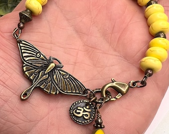 Luna Moth Bracelet, Dyed Acrylic Beads, Beautiful Yellow, Meaningful Bracelet, For New Beginnings, Ohm Charm, One-of-a-Kind Bracelet