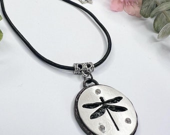 Dragonfly Pendant Necklace, Whimsical Dragonfly, Black Cord, Lotus Charm, Meaningful Jewelry