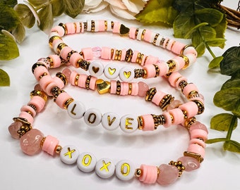 Friendship Name Bracelets, Pink Clay Heishi Beads, High Quality Oxidized Gold Spacer Beads, Stackable Pink Bracelets, Rose Quartz,