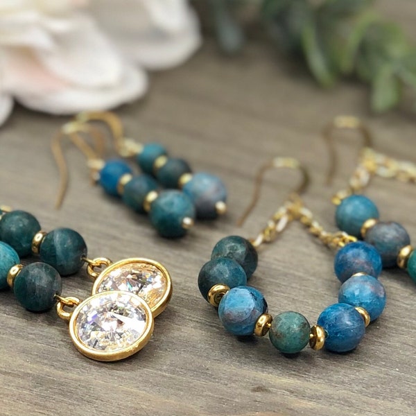 Blue Apatite Gemstone Earrings, Swarovski Crystal, Gold Spacer Beads, Choose your favorite, 1. Teardrop, 2.Crystal, 3.Beaded Drop, Gift