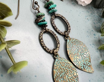 Turquoise & Patina Leaf Earrings, Boho Chic Style, Hammered Brass Links, Turquoise Chip Beads, Statement Earrings, Gemstone Beauties