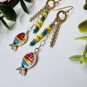 Enamel Fish Charm Earrings: Hammered Gold, Colorful Seed Beads
