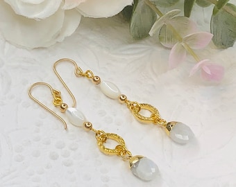 Moonstone & Gold Dangle Earrings, Hammered Circle Link Earrings, Gold Plated Hoop Earrings, Moonstone Earrings, Gift for her