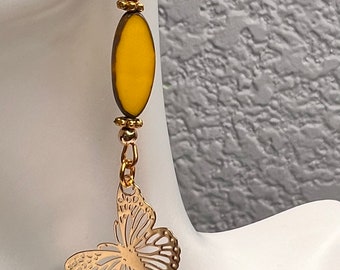 Gold Butterfly Earrings, Smooth Yellow Czech Glass Oval Beads, Bright Yellow Earrings, Butterfly Charm Earrings, Insect Jewelry