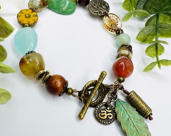 Ohm Charm Gemstone Bracelet, An Eclectic Variety of Beautiful Beads, Turquoise, Citrine, & More, Rustic Boho Chic Look, Brass Findings