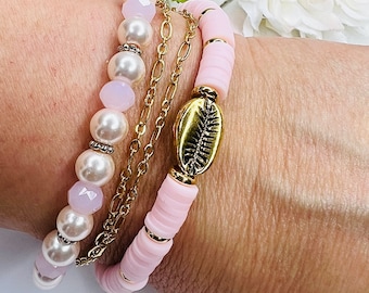 Cowrie Beaded Bracelet Set, Gold Filled Wrap Bracelet, Pearl Beads, Beautiful Light Pink Bracelet Set, Rose Quartz Chrm,