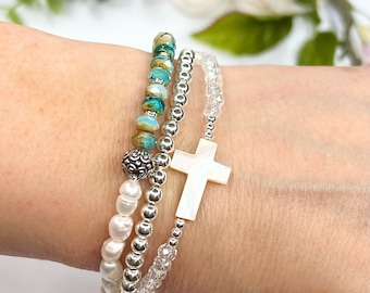 Mother of Pearl Cross Bracelet, Multistrand Beaded Beauty, Aqua Faceted Czech Beads, Rice Pearls, Silver Metal Beads, Clear Crystal Beads